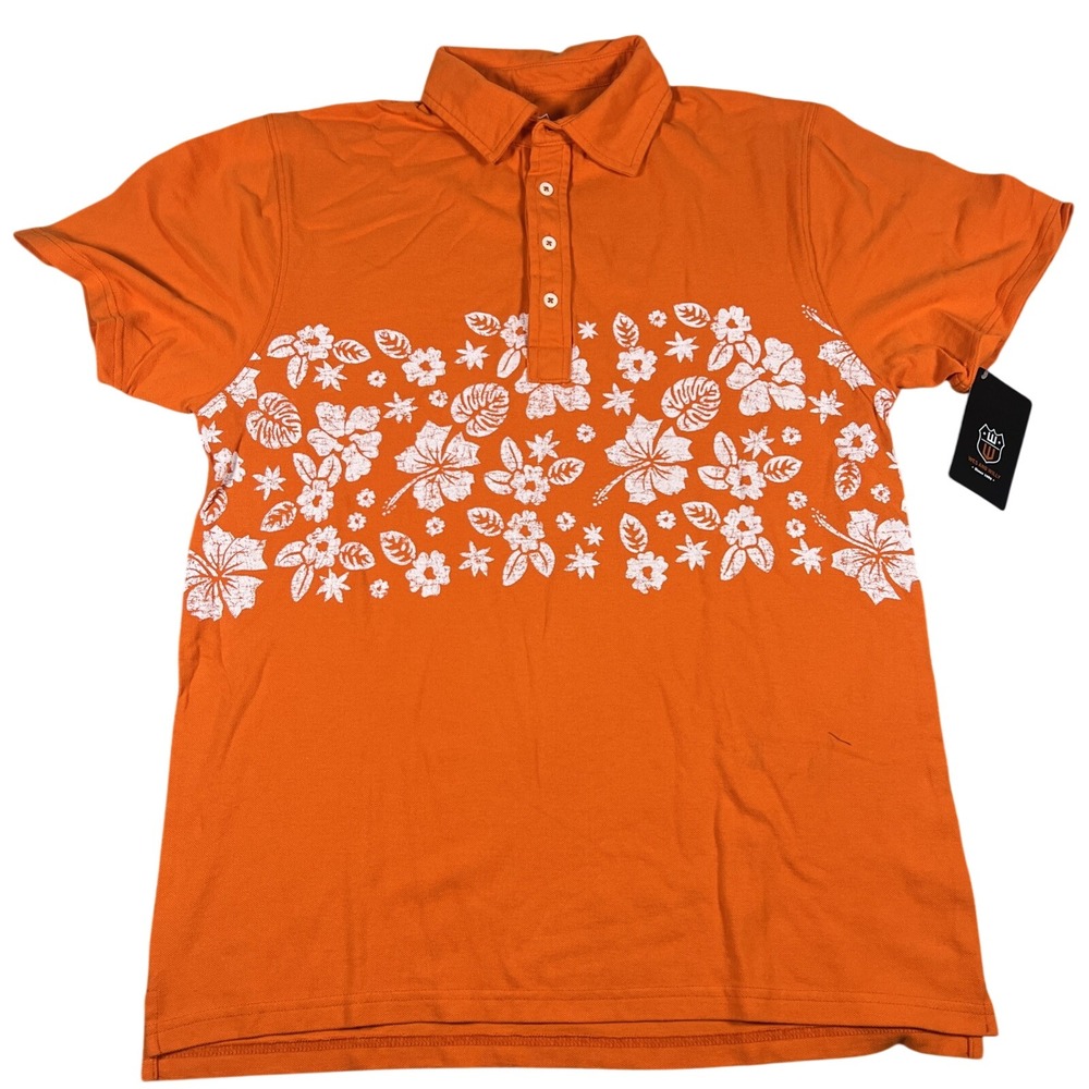 Wes and Willy Mens Large Orange Floral Hibiscus‎ Tropical Pique Polo Shirt NWT